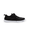 Side view of black studio trainer sneaker with white outsole