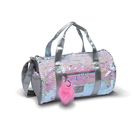 Pearlescent iridescent dance duffel bag with pink details and pom accessory