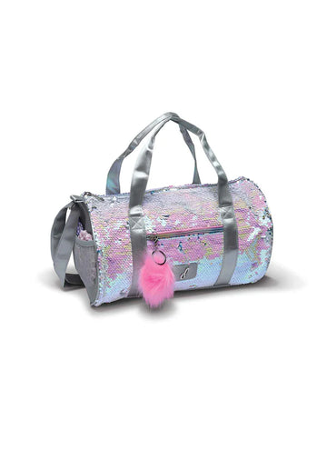 Pearlescent iridescent dance duffel bag with pink details and pom accessory