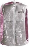 Clear garment bag with pink side panels and multiple zippered pockets, hanging upright.