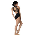 Back view of black halter leotard with sheer panel and open back