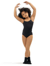 Girl modeling black camisole leotard with lattice back straps