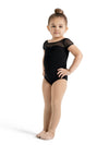 Girl wearing black short sleeve mesh yoke leotard front view