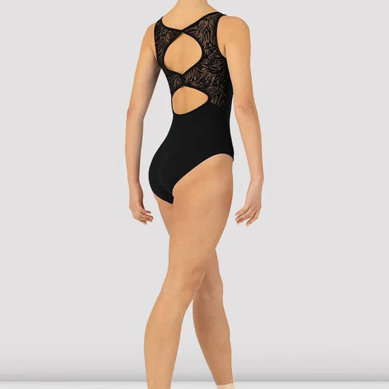 Black open back tank leotard back view showing open back design