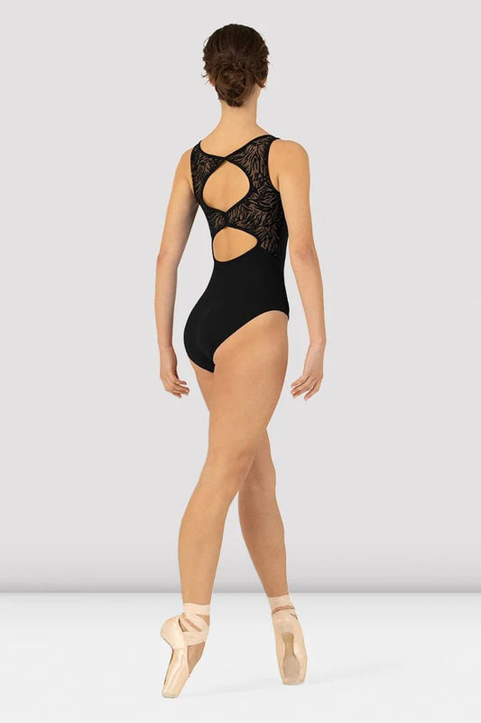 Black open back tank leotard back view showing open back design