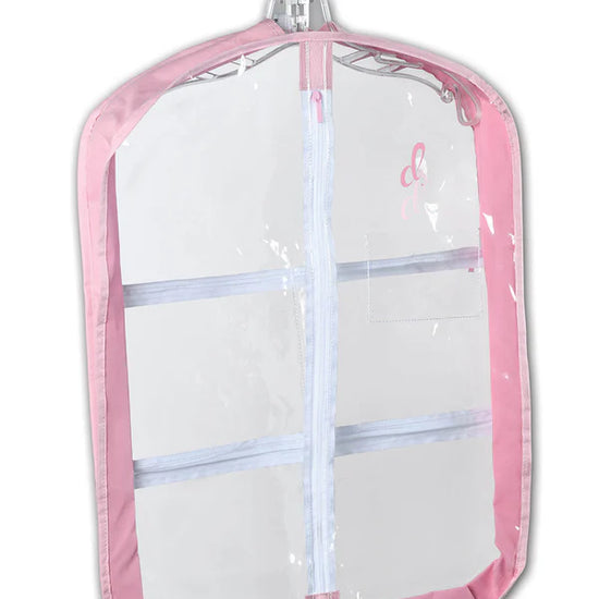 Clear short garment bag with pink trim and zipper closure for dance costumes and performance wear