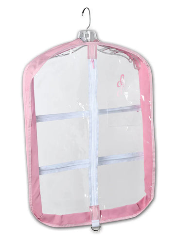 Clear short garment bag with pink trim and zipper closure for dance costumes and performance wear