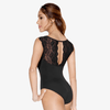 Back view of black lace tank leotard with keyhole opening