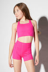 Pink longline dance tank with square neckline worn with matching shorts