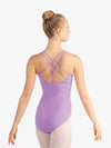 Back view of adult dancer wearing a purple double strap tank leotard with crisscross strap design