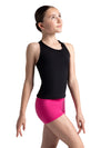 Front view of a black child racerback tank top worn with pink shorts