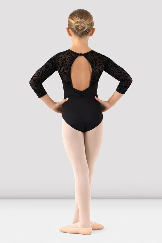 Child wearing black 3/4 sleeve leotard back view showing open back design
