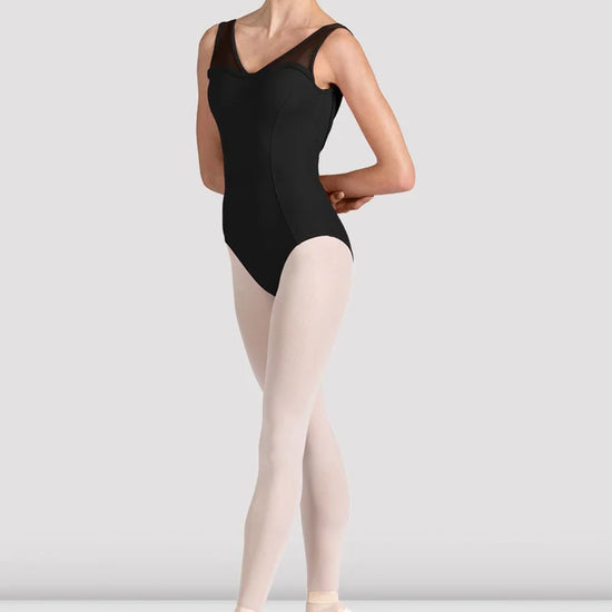 Adult dancer wearing black V-neck low back leotard, front view