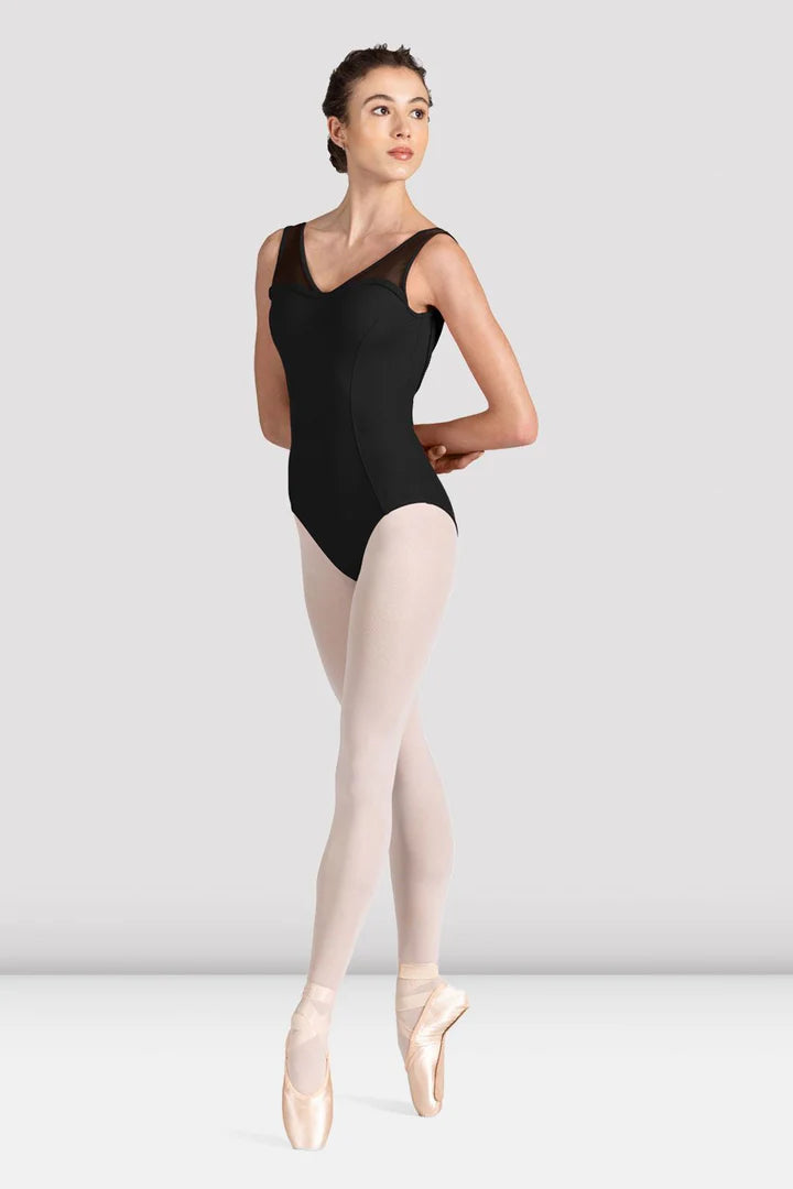 Adult dancer wearing black V-neck low back leotard, front view