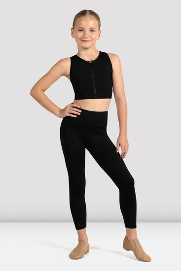 Child dancer wearing black Bloch Shan zip front crop top with leggings