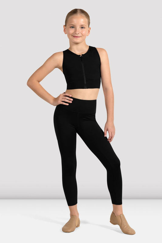 Child dancer wearing black Bloch Shan zip front crop top with leggings