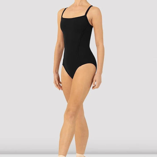 Black scoop neck camisole leotard front view worn by model on pointe