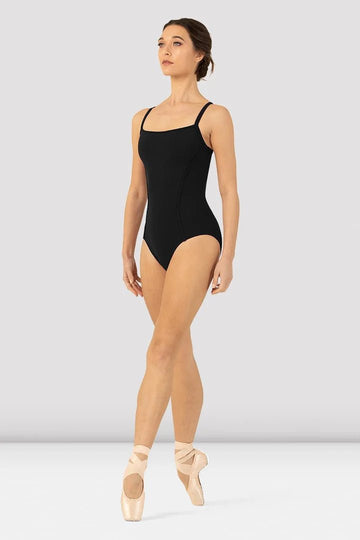 Black scoop neck camisole leotard front view worn by model on pointe