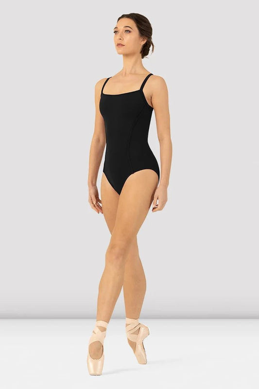 Black scoop neck camisole leotard front view worn by model on pointe